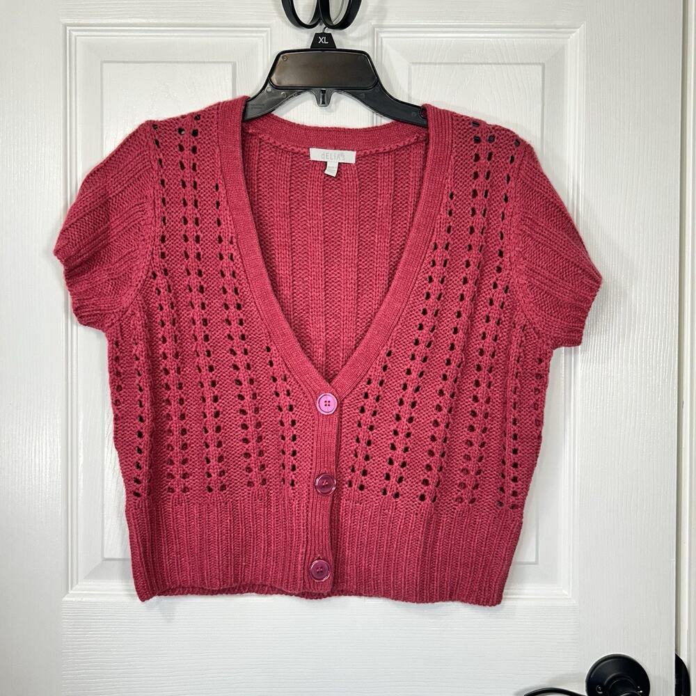 Delia's Cropped Cardigan Sweater Pointelle Knit Hot Pink Size XL